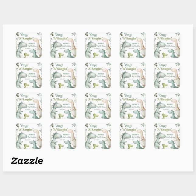 Sticker Carré Dinosaur One-A-Saurus Garçon 1er Anniversaire Favo (Feuille)
