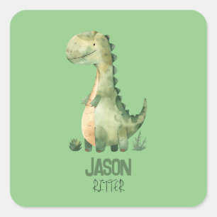 Sticker Carré Dinosaure Aquarelle Cute Avec Nom Enfant
