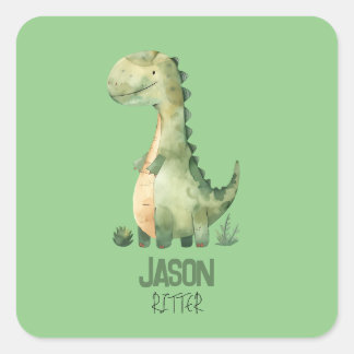 Sticker Carré Dinosaure Aquarelle Cute Avec Nom Enfant