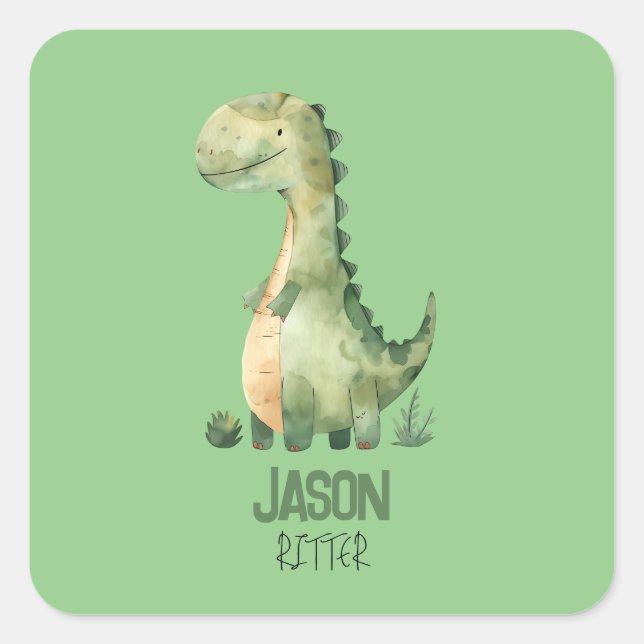 Sticker Carré Dinosaure Aquarelle Cute Avec Nom Enfant (Devant)