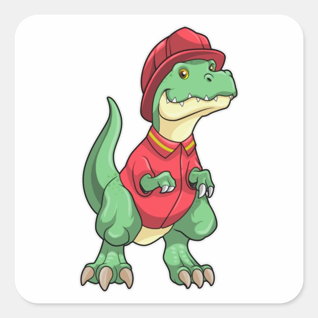 Sticker Carré Dinosaure comme pompier avec casque d'incendie (Devant)