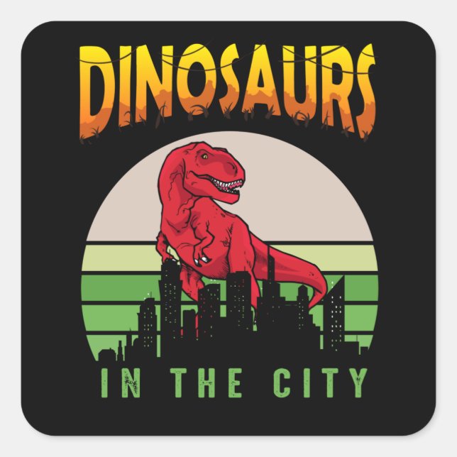Sticker Carré Dinosaure dans la ville | Design de dinosaure (Devant)