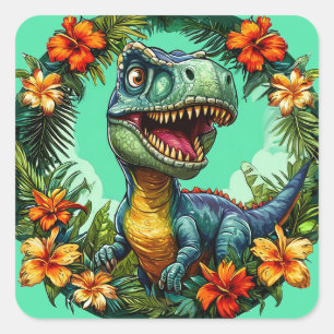 Sticker Carré Dinosaure de dessin animé et fleurs tropicales vib