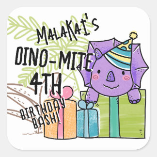 Sticker Carré Dinosaure fête d'anniversaire de Dino-Mite