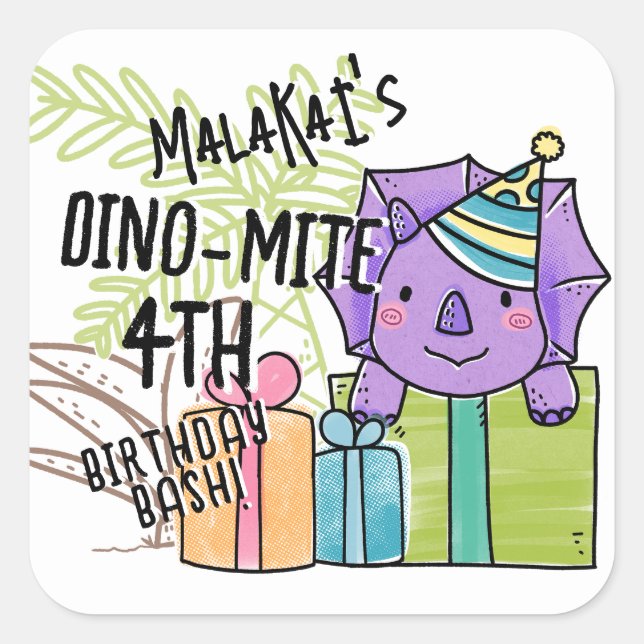 Sticker Carré Dinosaure fête d'anniversaire de Dino-Mite (Devant)