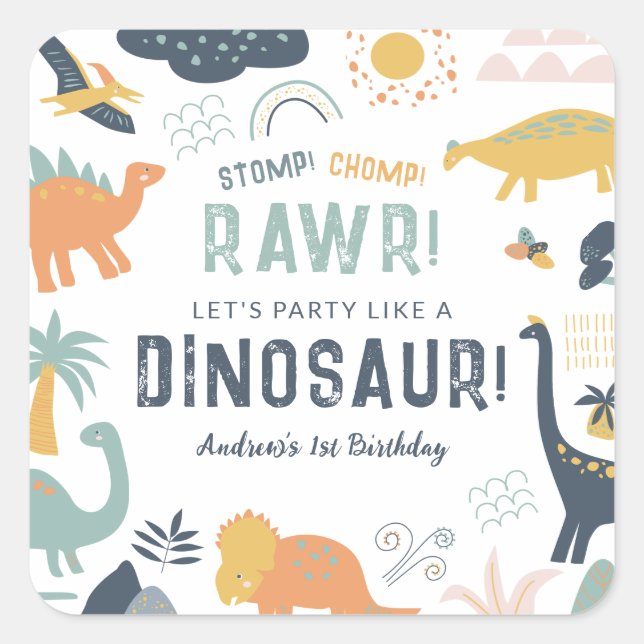 Sticker Carré Dinosaure Premier anniversaire Stomp Chomp Roar (Devant)