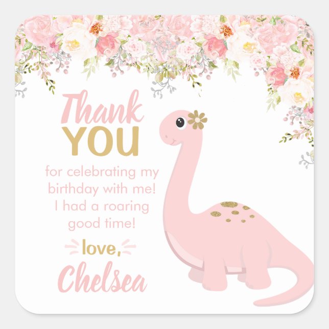 Sticker Carré Dinosaure rose Fille Faveur Florale (Devant)