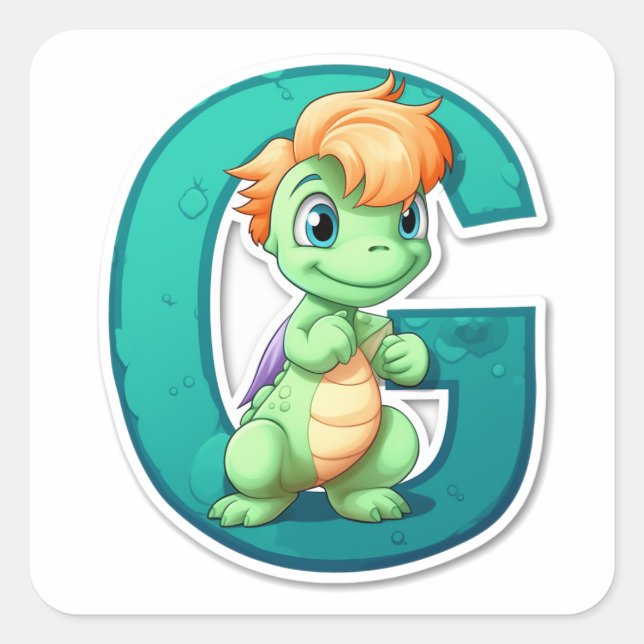 Sticker Carré Dinosaure vert avec la lettre G (Devant)