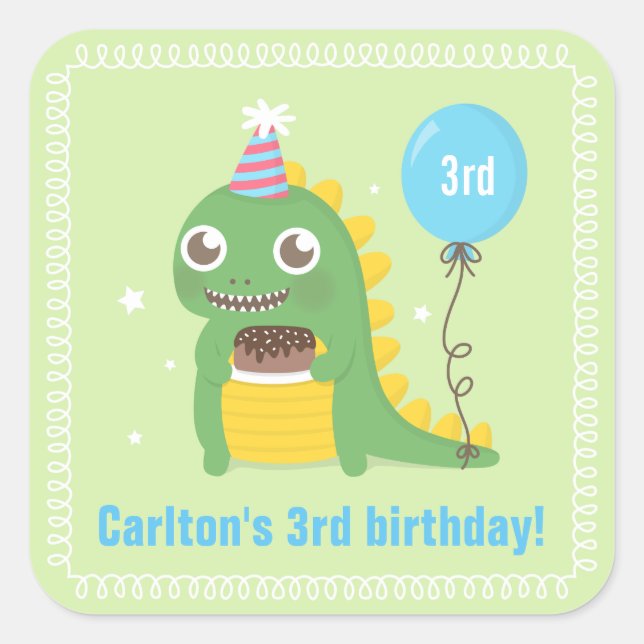 Sticker Carré Dinosaure Vert Cute Fête d'Anniversaire (Devant)