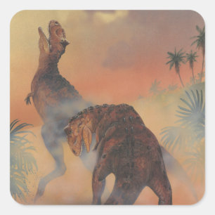 Sticker Carré Dinosaures Vintage, Carnotaurus rugissant dans la 