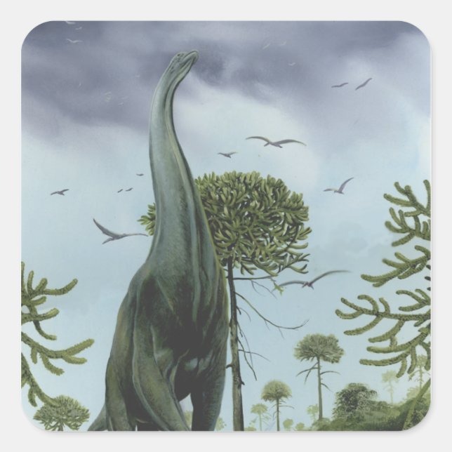Sticker Carré Dinosaures vintages, Sauroposeidon avec oiseaux vo (Devant)
