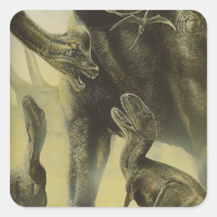 Sticker Carré Dinosaures vintages, Torvosaurus et Brachiosaurus