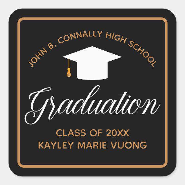 Sticker Carré Diplôme chic Black Gold Custom Graduate (Devant)