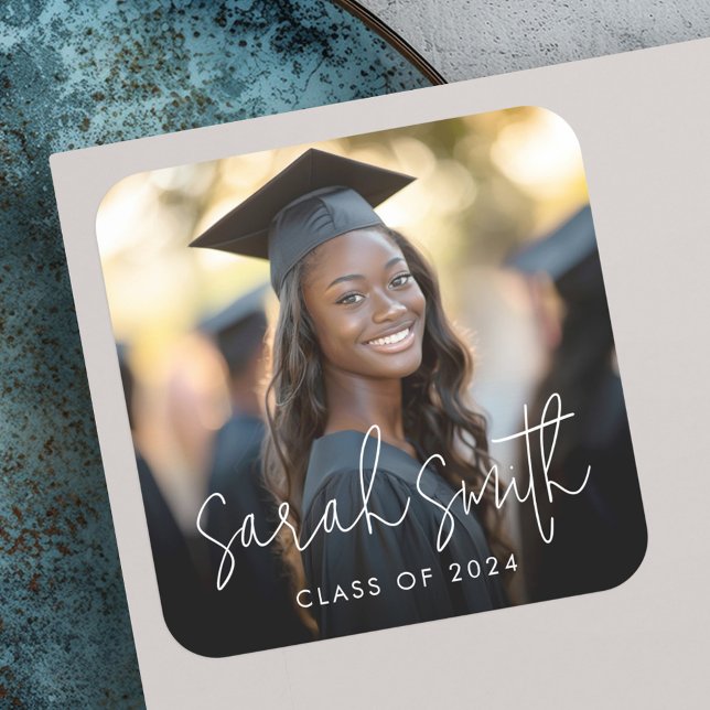 Sticker Carré Diplôme photo de script moderne (Modern script photo graduation square sticker)