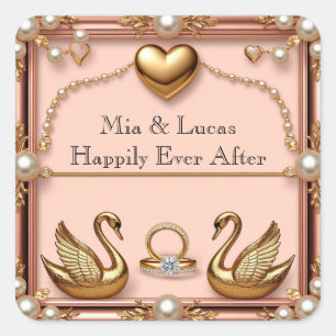Sticker Carré Disposition de mariage cygne or rose romantique