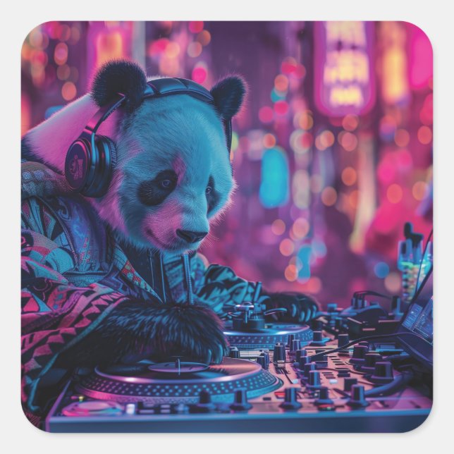 Sticker Carré DJ Panda avec écouteurs (Devant)