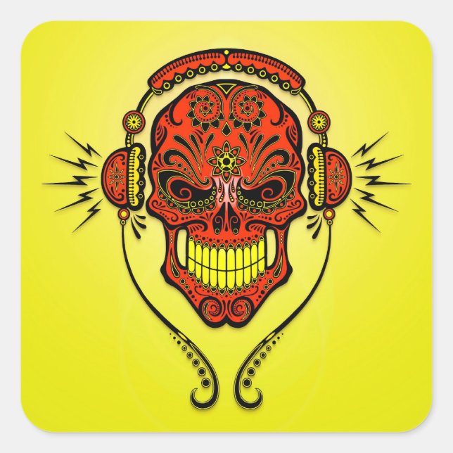 Sticker Carré DJ Sugar Skull - Rouge et Jaune (Devant)