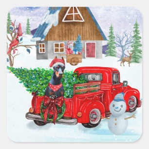 Sticker Carré Doberman Chien en Livraison Noël Camion Neige