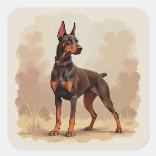 Sticker Carré Dobermann Pinscher Chien Marron Rouille Rouge