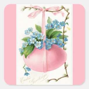 Sticker Carré d'Oeuf et de Fleurs de Pâques rose