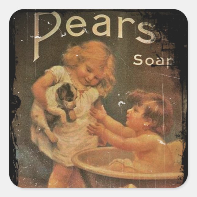 Sticker Carré Donner à chiot un bain de poires savon (Devant)