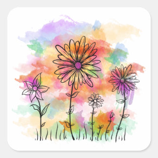 Sticker Carré doodé de fleurs d'aquarelle