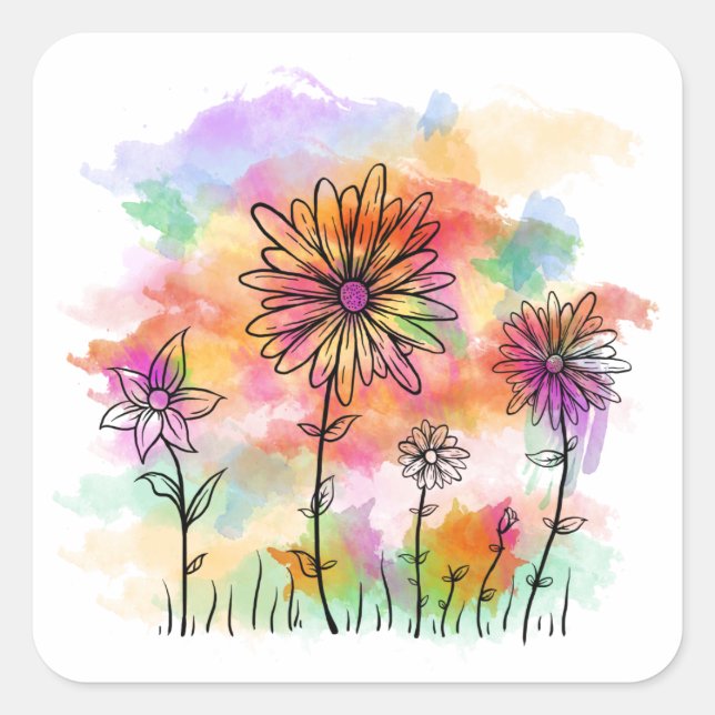 Sticker Carré doodé de fleurs d'aquarelle (Devant)