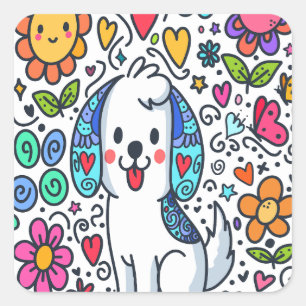Sticker Carré Doodle Chien, Fleurs, Coeurs Et Papillons