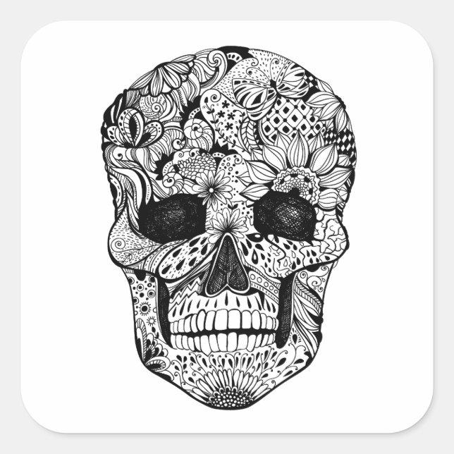 Sticker Carré Doodle crâne floral (Devant)