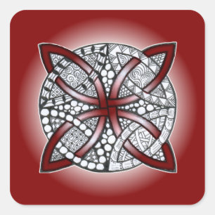 Sticker Carré Doodle de noeud celtique Maroon rouge