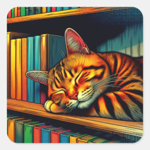 Sticker Carré Dormir Comic Style de livre Chat Dormir