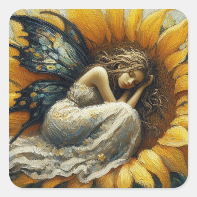 Sticker Carré Dormir de fée sur un tournesol (Devant)