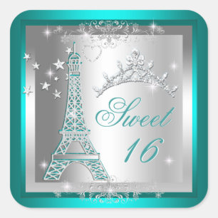 Sticker Carré Douce 16 Douce Seize Tiare Turquoise Tour Eiffel