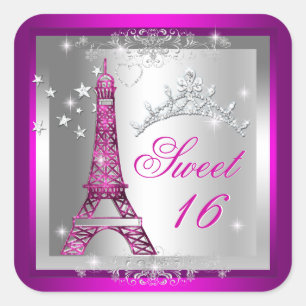 Sticker Carré Douce 16 Douze Ans Couronne Rose Tour Eiffel