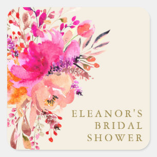 Sticker Carré Douce Aquarelle Fleurs Rose Clair Mariée Réception