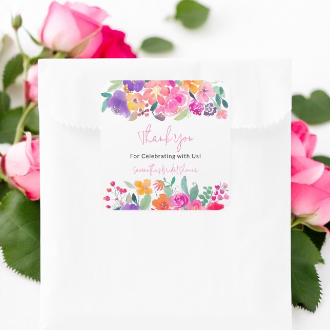 Sticker Carré Douce et rose vif floral aquarelle douche de maria (Bold bright pink floral watercolor bridal shower square sticker)