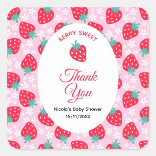 Sticker Carré Douce Fête Rose Bébé Fille Naissance Fraise