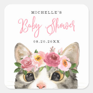 Sticker Carré Douce Fille au Chat au Lavis Baby Shower