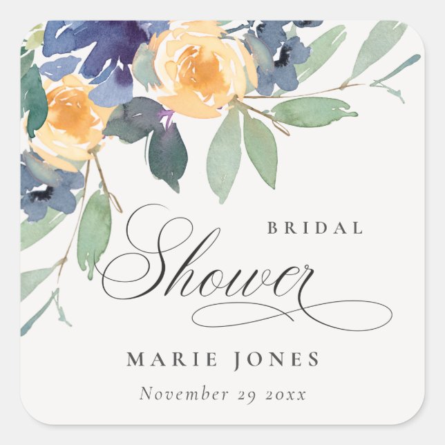 Sticker Carré Douce Mariée Rustique Jaune Bleu Floral  (Devant)
