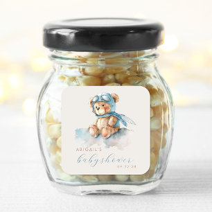Sticker Carré Douce Ourson Bleu à l'aquarelle Baby Shower pour G
