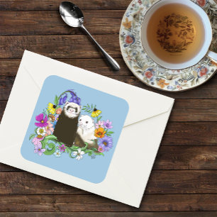 Sticker Carré Douce Paire de Furets Floraux Bleus Fantaisistes