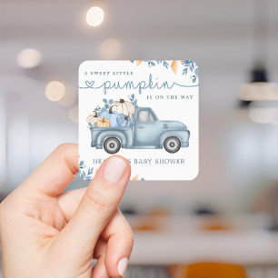 Sticker Carré Douce petite citrouille Bleu Automne Baby Shower