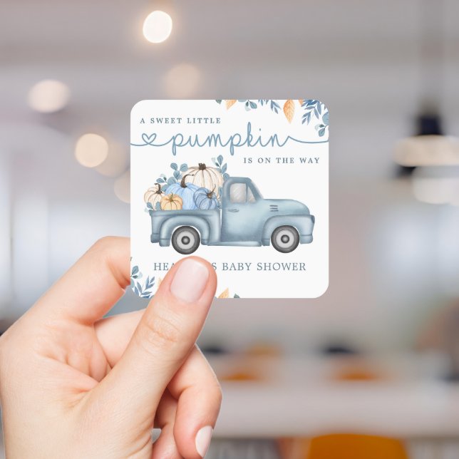 Sticker Carré Douce petite citrouille Bleu Automne Baby Shower (Créateur téléchargé)