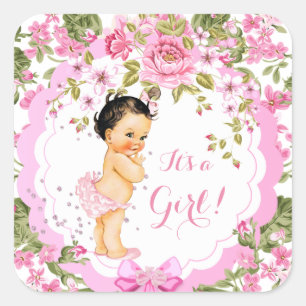 Sticker Carré Douce Rose Florale Rose Baby Shower Fille Brune