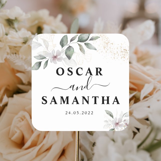 Sticker Carré Douce verdure Aquarelle Feuille & Fleur | Or (Créateur téléchargé)