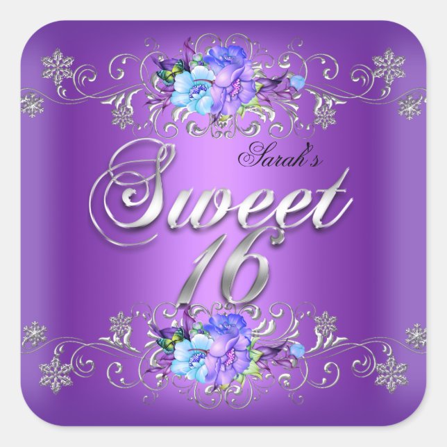 Sticker Carré Doux 16 Sweets sixteens Fleurs violettes blanches (Devant)