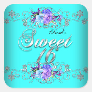 Sticker Carré Doux 16 Sweets sixteens Fleurs violettes Turquoise