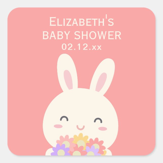 Sticker Carré Doux Petit Lapin & Fleurs Pink Baby Girl Douche (Devant)