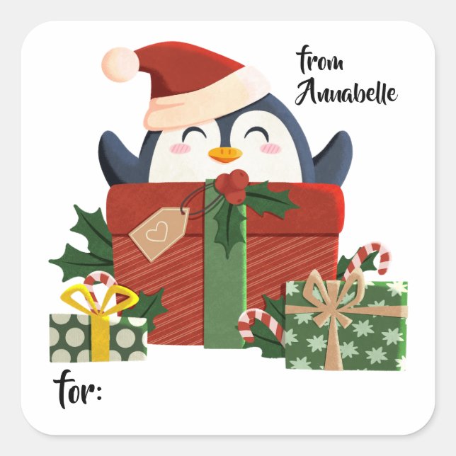 Sticker Carré Doux pingouin souhaite Joyeux Noël (Devant)