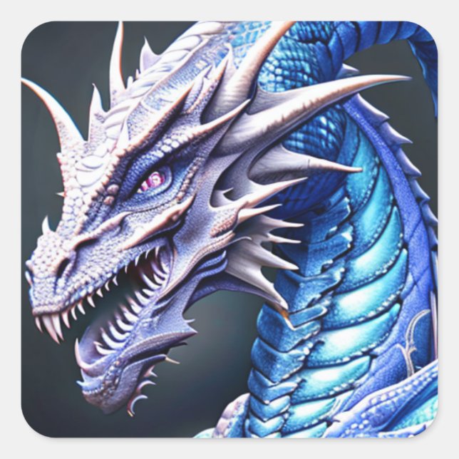Sticker Carré Dragon bleu et blanc cool Ai Art (Devant)